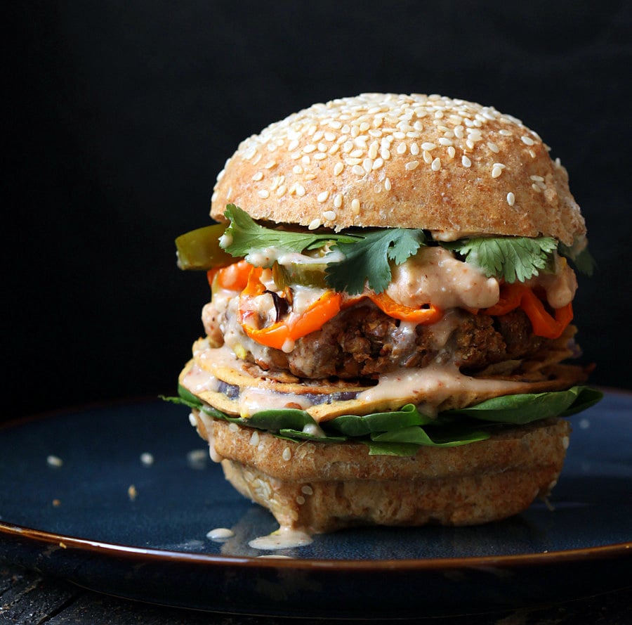 Red Lentil Cauliflower Burger with Chipotle Habanero Mayo Red Lentil Cauliflower Burger with Chipotle Habanero Mayo. Vegan.