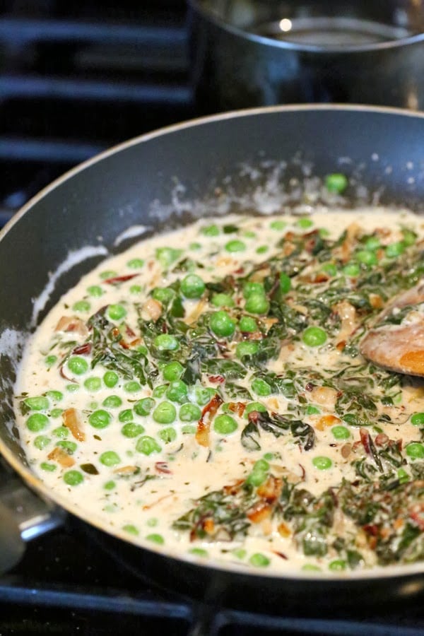 Rainbow Chard and Peas in Creamy gravy. Chard /Methi Matar Malai Vegan. Dairy-free creamy greens & peas w/ indian spices, somewhat like spinach dip. Gluten-free Soy-free Recipe