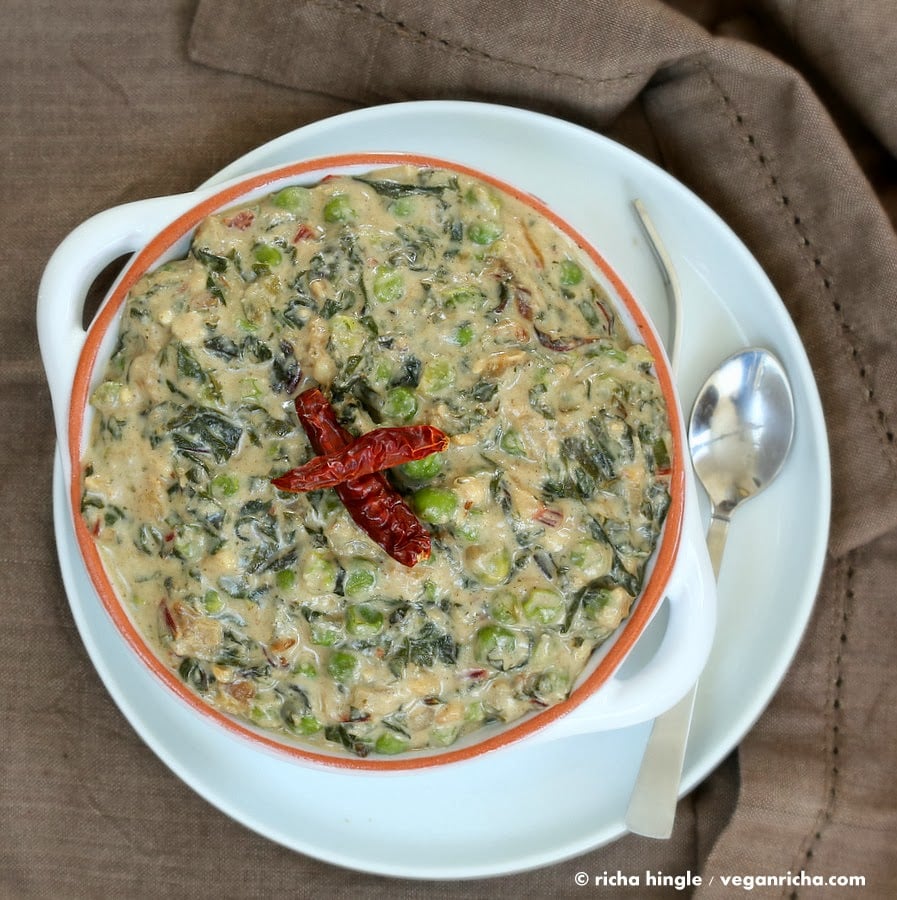Rainbow Chard and Peas in Creamy gravy. Chard /Methi Matar Malai Vegan. Dairy-free creamy greens & peas w/ indian spices, somewhat like spinach dip. Gluten-free Soy-free Recipe