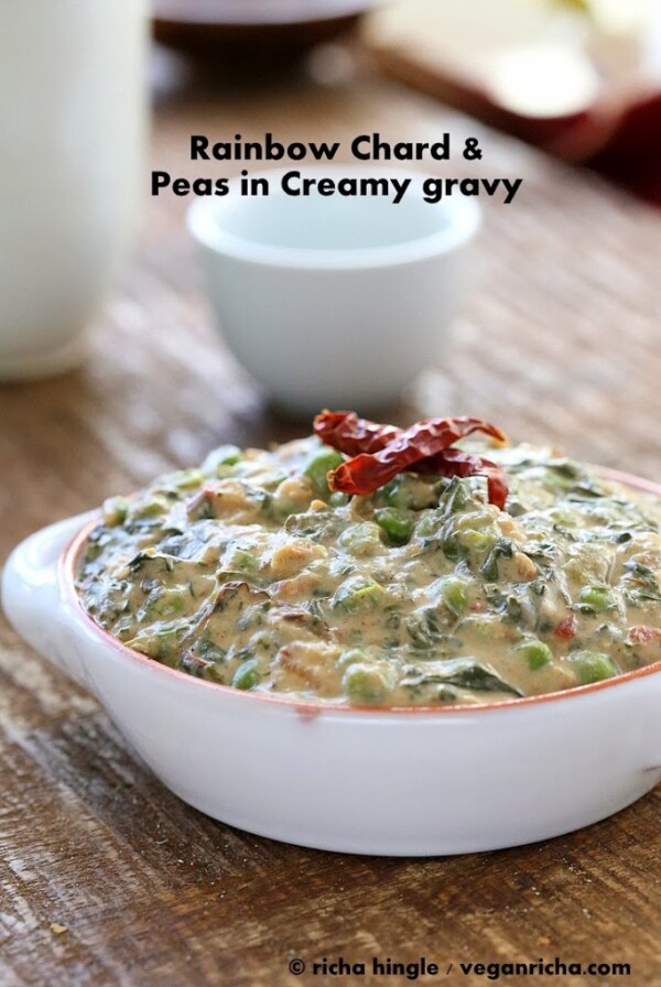 Rainbow Chard and Peas in Creamy gravy. Chard /Methi Matar Malai Vegan. Dairy-free creamy greens & peas w/ indian spices, somewhat like spinach dip. Gluten-free Soy-free Recipe #glutenfree #veganricha #vegan