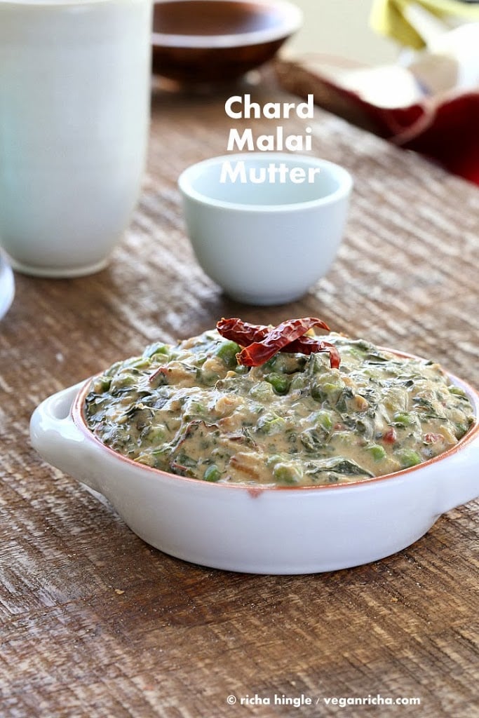 Rainbow Chard and Peas in Creamy gravy. Chard /Methi Matar Malai Vegan. Dairy-free creamy greens & peas w/ indian spices, somewhat like spinach dip. Gluten-free Soy-free Recipe