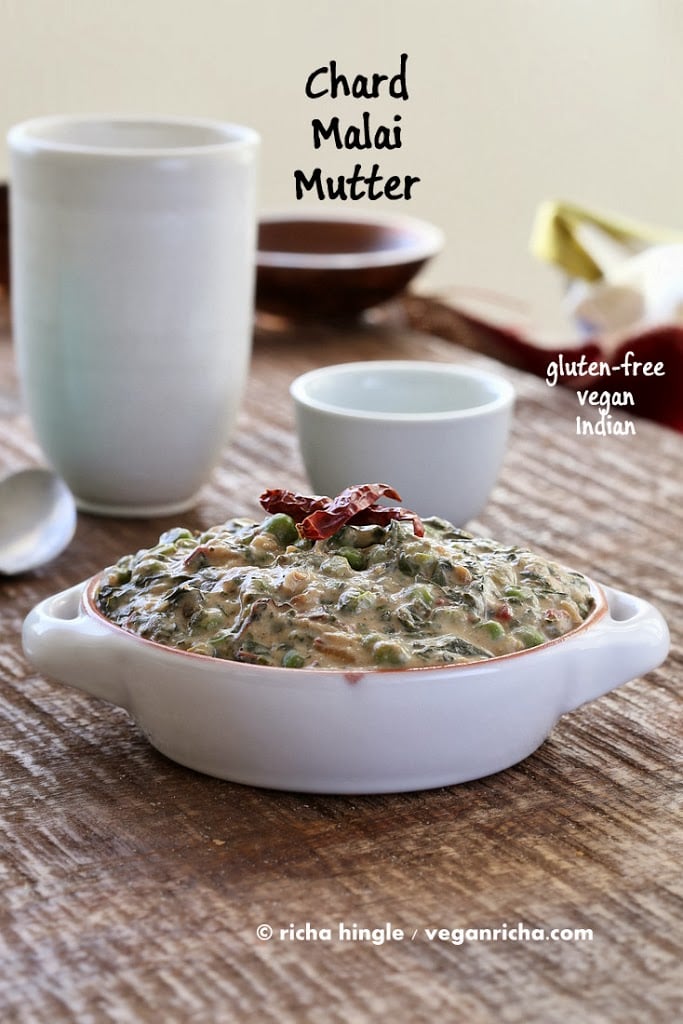 Rainbow Chard and Peas in Creamy gravy. Chard /Methi Matar Malai Vegan. Dairy-free creamy greens & peas w/ indian spices, somewhat like spinach dip. Gluten-free Soy-free Recipe