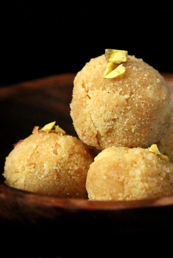 Coconut Rava Ladoo and Burfi. Vegan Gluten-free Indian dessert balls and bars flavored with cardamom. Dairy-free Recipe