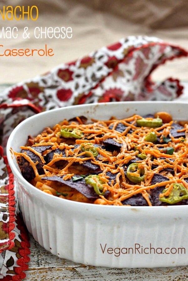 Nacho Mac and Cheese Casserole with Taco Tempeh 'meat'. Vegan Recipe. Can be made soy-free with cooked chickpeas or beans instead of Tempeh. Serves 3 to 4