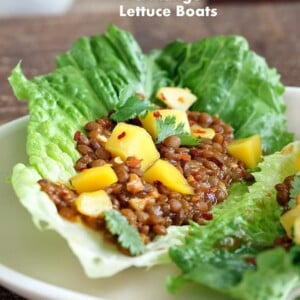 Sweet and Sour Lentils and Mango Lettuce Wraps. Add peanuts, sprouts, carrots. Easy weekday lunch ! use other beans or lentils. Vegan Gluten-free recipe. #vegan #glutenfree #veganricha