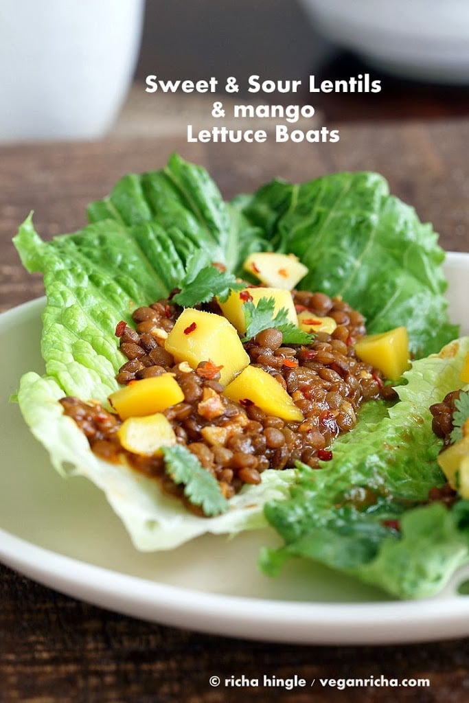 Vegan Sweet & Sour Lentils and Mango Lettuce Wraps