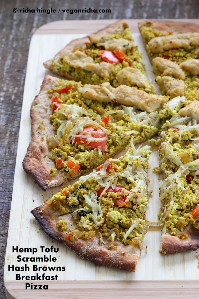 Hemp Tofu Scramble Breakfast Pizza topped with Hash Browns | Vegan Richa