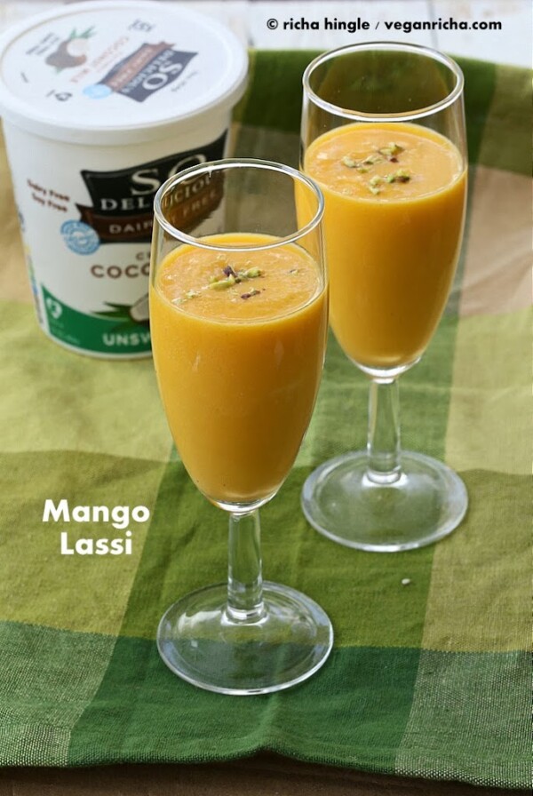 Vegan mango Lassi - Indian Mango Yogurt smoothie with ripe mango, non dairy yogurt and cardamom or saffron. Dairy-free, gluten-free. #vegan #glutenfree #veganricha