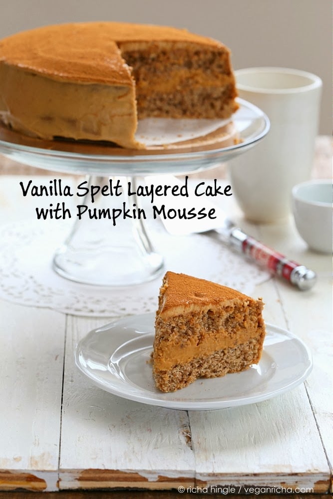 mousse cake a slice of vegan pumpkin mousse cake on a small plate with the cut cake in the background