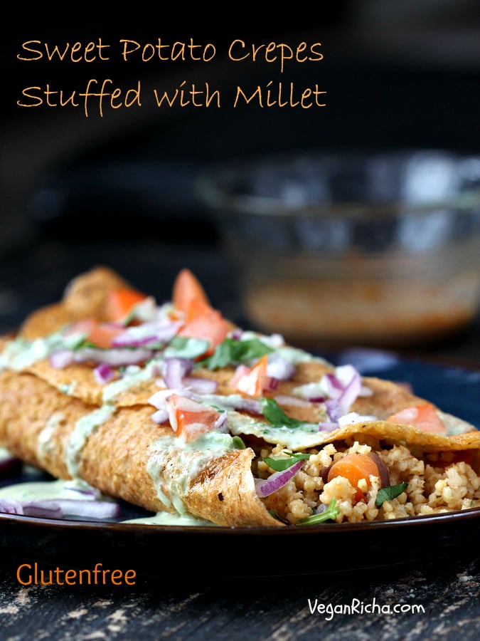 Smoky Millet Stuffed Sweet Potato Crepes with Jalapeno Aioli | Vegan Richa