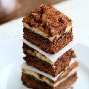 These Tiramisu Cheesecake Brownies are 3 desserts in one. always a hit! Free of dairy, egg, gluten, yeast, nut. #glutenfree #veganricha #vegan
