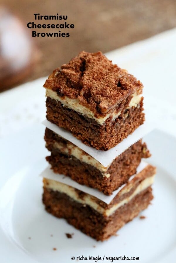 These Tiramisu Cheesecake Brownies are 3 desserts in one. always a hit! Free of dairy, egg, gluten, yeast, nut. #glutenfree #veganricha #vegan