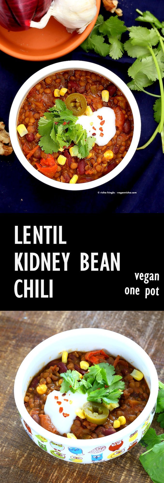 Vegan Lentil Kidney Bean Chili packed with flavor from the Taco spice blend and chipotle pepper. VeganRicha.com #vegan #glutenfree #soyfree 1 Bowl