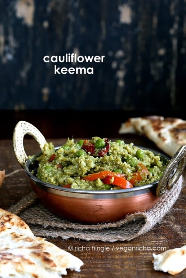 Gobi Mutter Keema is a flavorful curry made with minced cauliflower and peas in a cilantro and onion gravy.  A vegan, glutenfree recipe. #vegan #glutenfree #veganricha