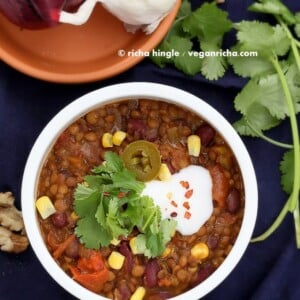 1 Pot Hearty Lentil Kidney Bean Chili. Warming Bowl of Lentil chili. Vegan Gluten-free Soy-free Nut-free Recipe.  #vegan #glutenfree #veganricha