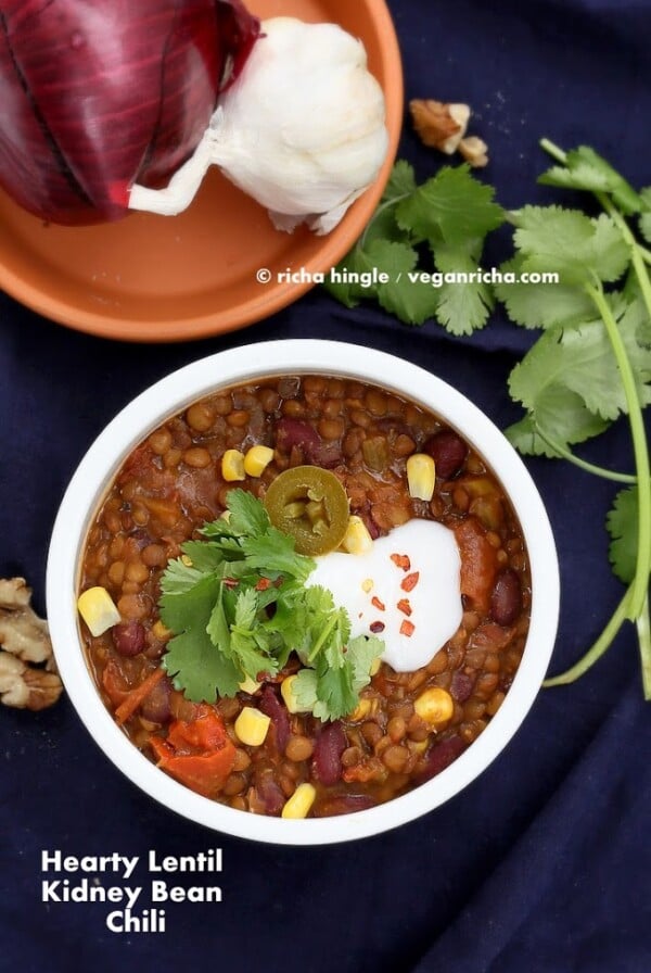 1 Pot Hearty Lentil Kidney Bean Chili. Warming Bowl of Lentil chili. Vegan Gluten-free Soy-free Nut-free Recipe.  #vegan #glutenfree #veganricha