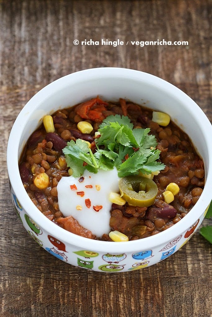 Vegan Lentil Kidney Bean Chili packed with flavor from the Taco spice blend and chipotle pepper. VeganRicha.com