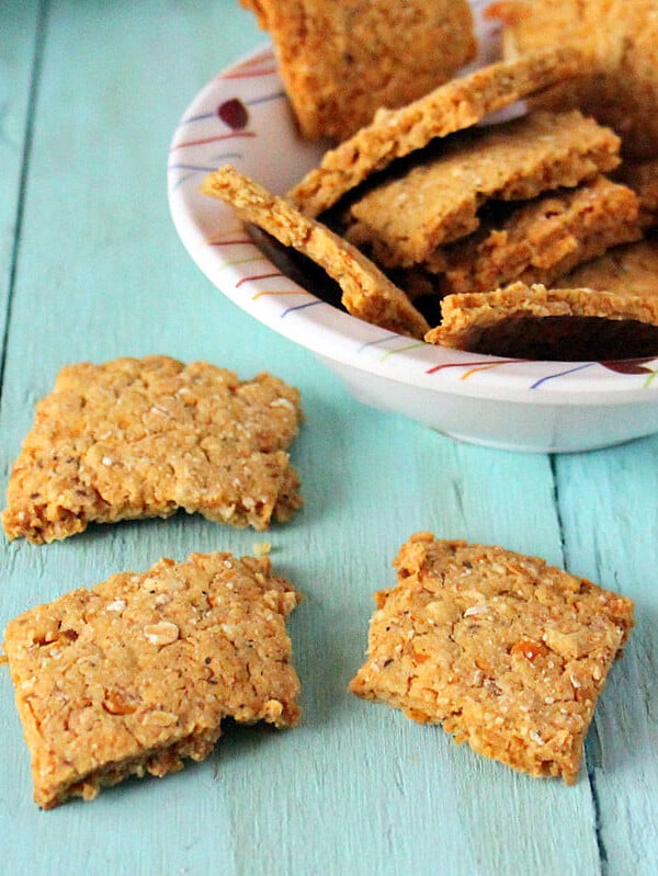 Chickpea Fennel Crackers on a wooden blue background