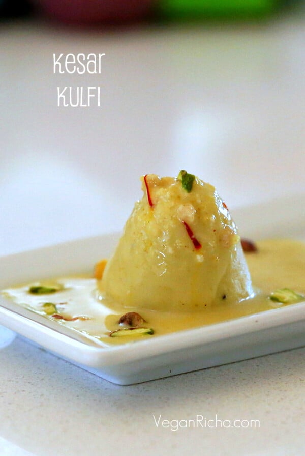 Kesar Kulfi Recipe - Saffron Cream Popsicles. Vegan Kulfi with saffron, coconut milk, cashews and starch to thicken. Makes 4 to 6 popsicles