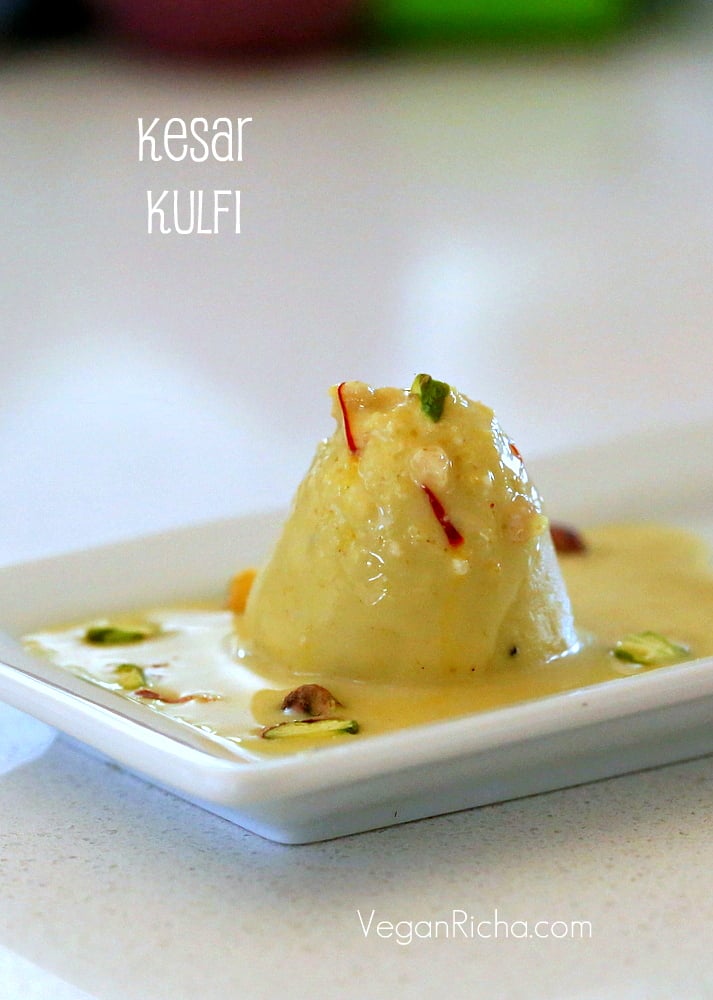 Kesar Kulfi Recipe - Saffron Cream Popsicles. Vegan Kulfi with saffron, coconut milk, cashews and starch | VeganRicha.com #vegan #dairyfree #kulfi