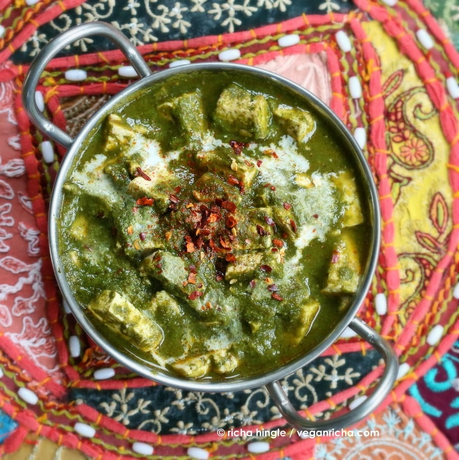 Vegan Palak tofu in a steel kadai dish