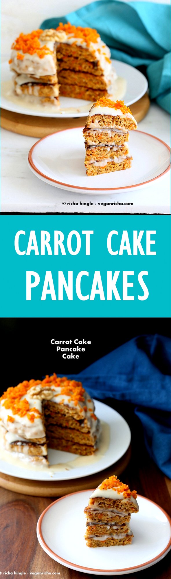 Vegan Carrot Cake Pancakes with roasted carrots and walnuts and Vegan Yogurt Coconut Cream frosting | VeganRicha.com