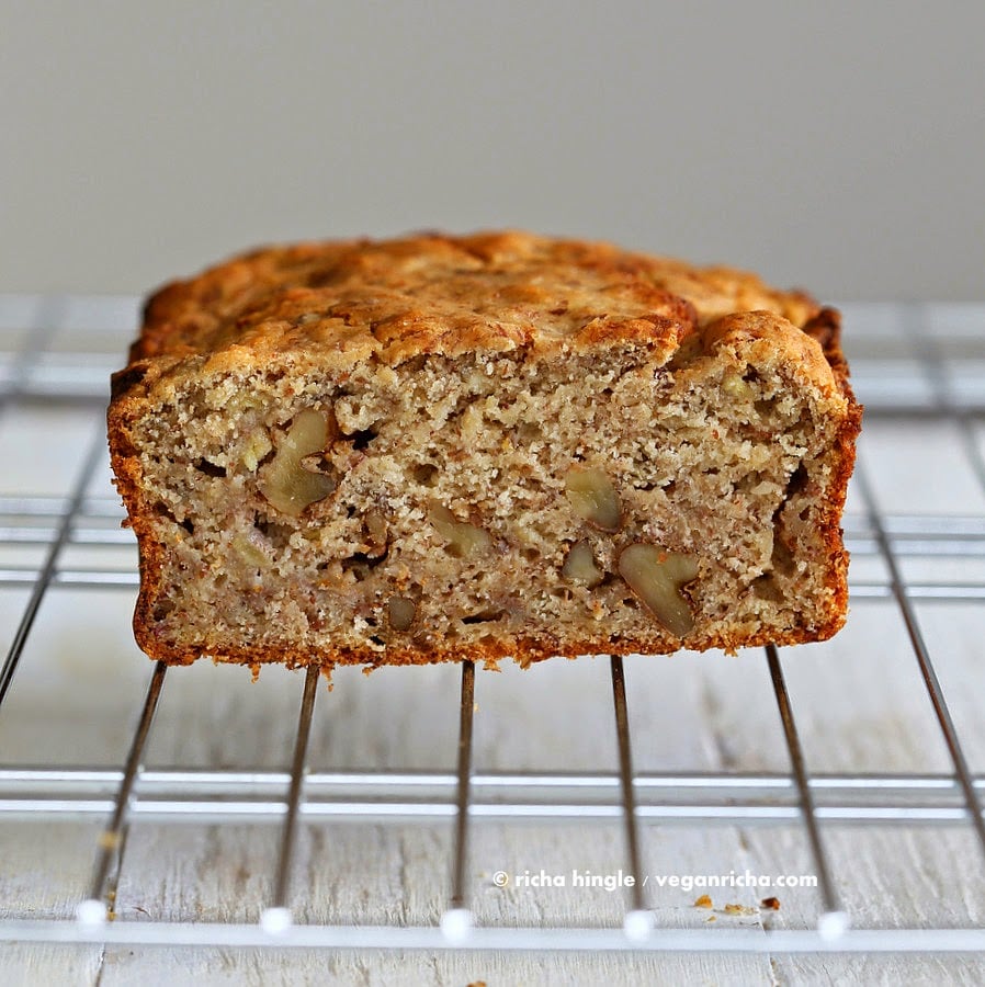 This gluten free Banana Bread makes a great breakfast. With walnuts. No added refined sugar, loads of banana, spices & goodness. Vegan Gluten free Banana Bread | VeganRicha.com