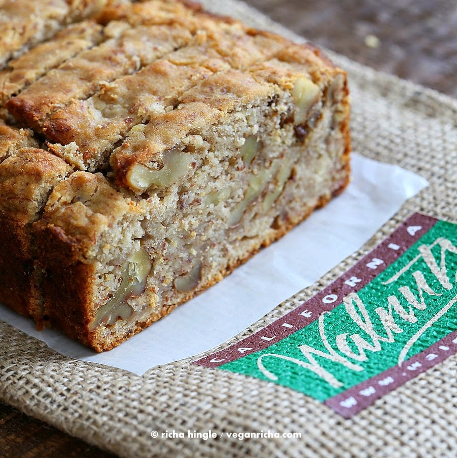 This gluten free Banana Bread makes a great breakfast. With walnuts. No added refined sugar, loads of banana, spices & goodness. Vegan Gluten free Banana Bread | VeganRicha.com