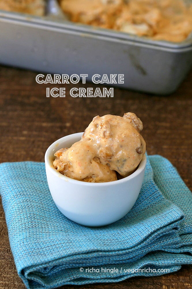vegan ice cream recipe three scoops of Vegan Carrot Cake Ice cream in a small white ramekin