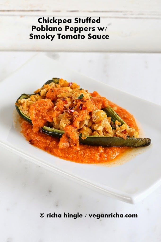 Chickpea Stuffed Poblano Peppers with Smoky Tomato Sauce | Vegan Richa