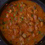 tofu Pasanda in the pan with cilantro garnish