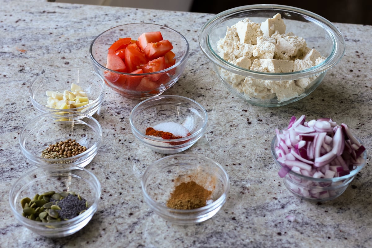 tofu Pasanda ingredients on the kitchen counter