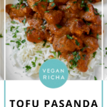 tofu Pasanda in a bowl with rice, text overlay