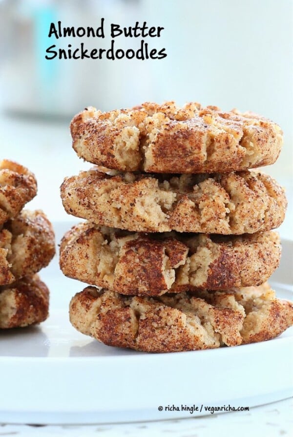 These Vegan Almond Butter Snickerdoodles are a healthier cookie, packed with cinnamon and perfect for the holidays. palm oil free and soy-free.Vegan Snickoerdoodles. #glutenfree #veganricha #vegan