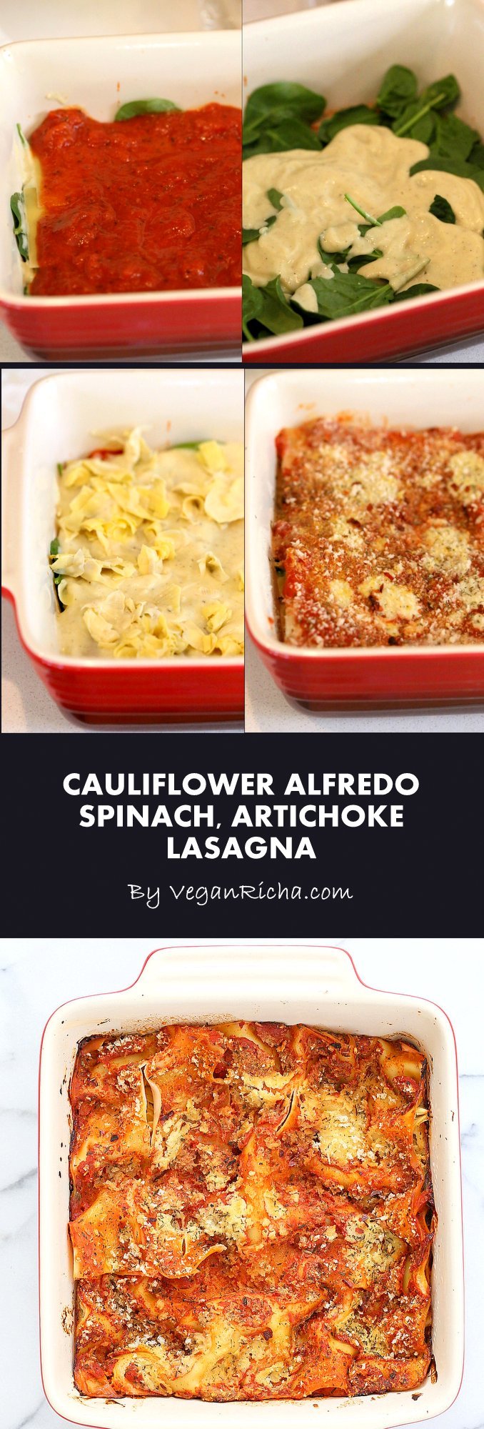 Cauliflower Alfredo Spinach Artichoke Lasagna | VeganRicha.com This Vegan Lasagna is filled with Spinach, Artichokes, creamy Cauliflower alfredo sauce and veggies.