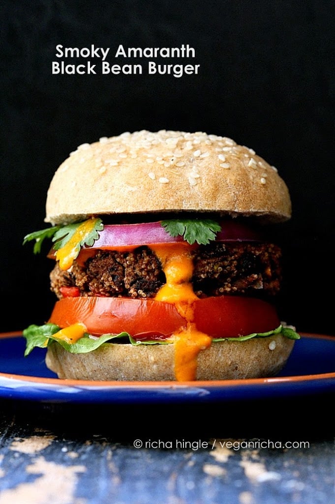 Amaranth Black Bean Burgers with Roasted Red Pepper Sauce and 35 Vegan Veggie Burger Recipes | VeganRicha.com #vegan #burger