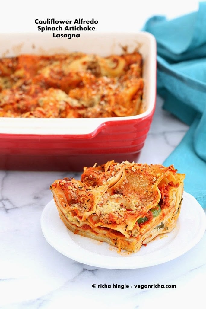Cauliflower Alfredo Spinach Artichoke Lasagna | Vegan Richa