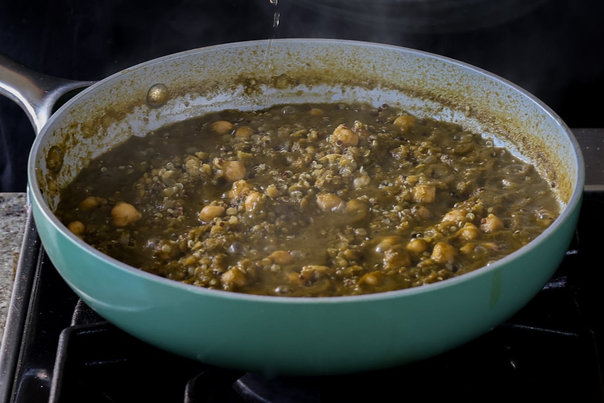 chickpea lentil spinach stew in the pan after cooking