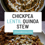 chickpea lentil spinach stew in the pan and bowl, text overlay