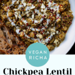 chickpea lentil spinach stew in a bowl, text overlay