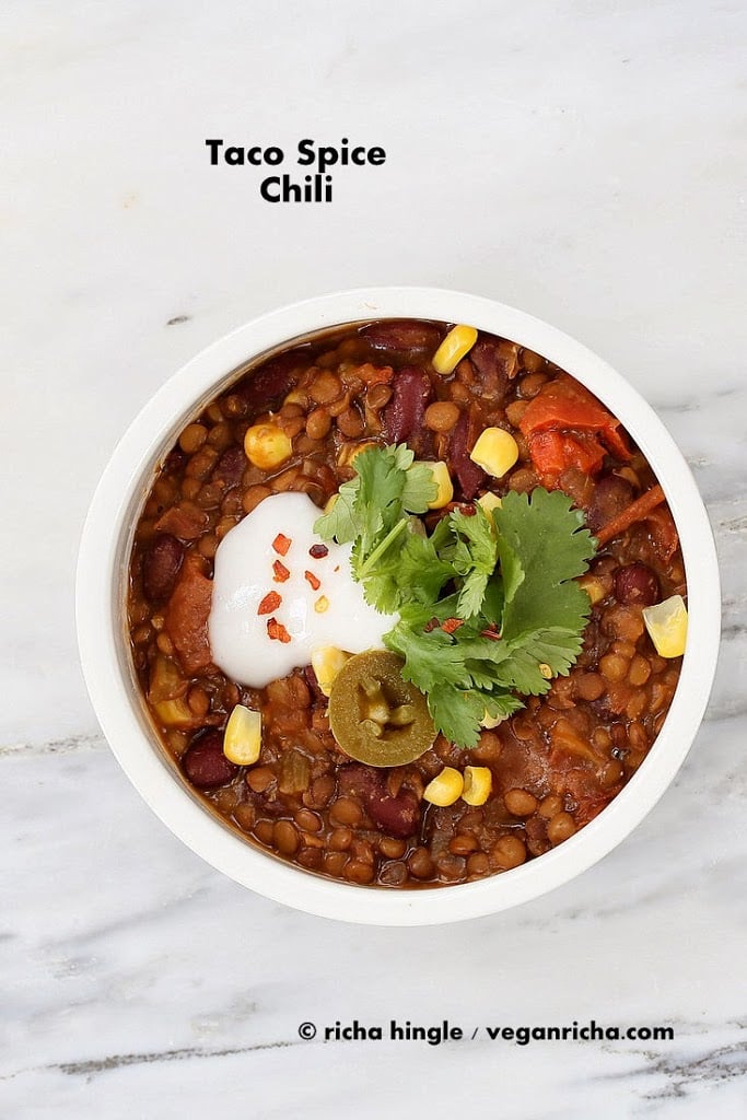 Vegan Lentil Kidney Bean Chili packed with flavor from the Taco spice blend and chipotle pepper. VeganRicha.com