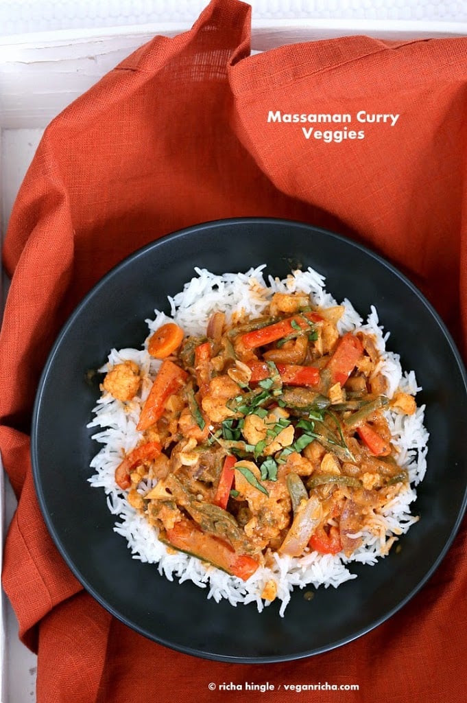 Massaman Curry Vegetables with from scratch Massaman curry sauce that has peanut butter, coconut milk, Thai Malay Spices and amazing flavor. Make this 30 minute vegan massaman curry. Vegan Gluten-free Soy-free Recipe