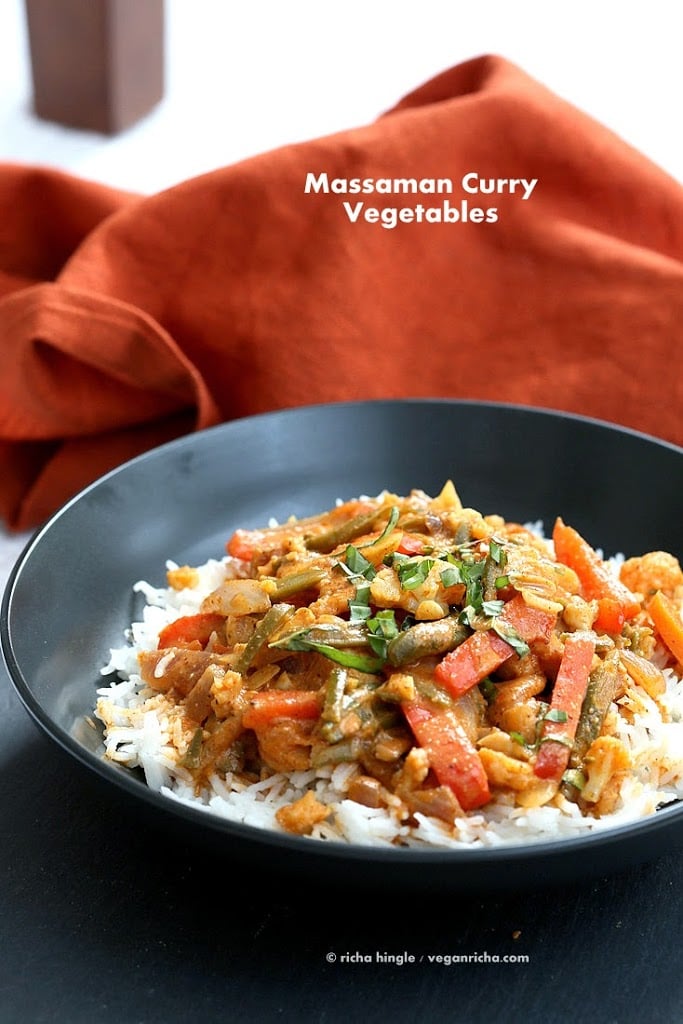 Massaman Curry Vegetables with from scratch Massaman curry sauce that has peanut butter, coconut milk, Thai Malay Spices and amazing flavor. Make this 30 minute vegan massaman curry. Vegan Gluten-free Soy-free Recipe