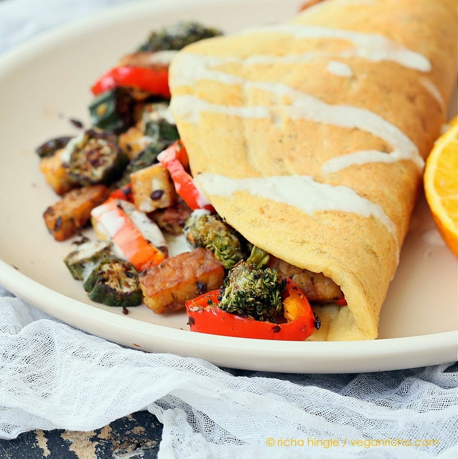 Lentil Mung Bean Omelet - Vegan Omelette No Chickpea Flour - Dal Chilla Stuffed with Blackened Tempeh, Okra, Broccoli and served with a creamy vegan havarti dressing. Vegan Breakfast or Brunch Soyfree Recipe  | Vegan Richa