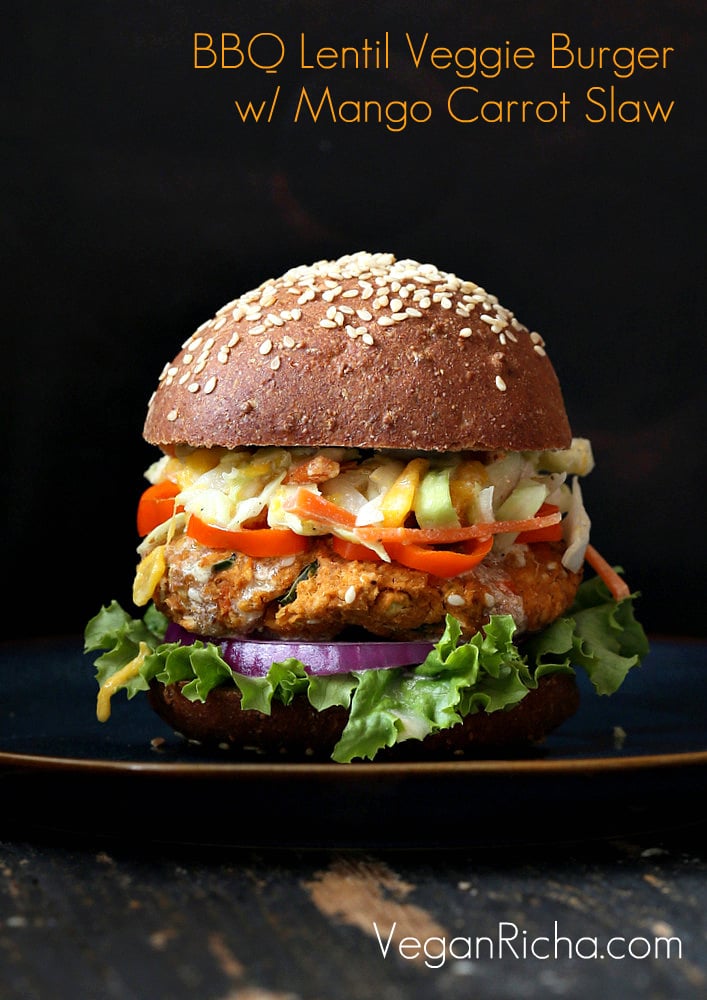 BBQ Lentil Veggie Burger with Mango Carrot Slaw and 35 Vegan Veggie Burger Recipes | VeganRicha.com
