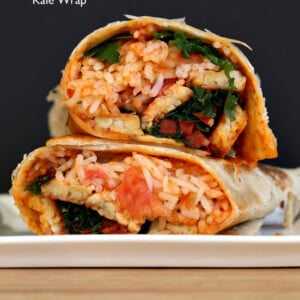 These Vegan Buffalo Tempeh Wrap s are paired with spanish rice, peppers and kale for a fantastic meal. Use gluten-free wraps to make them gluten free.
