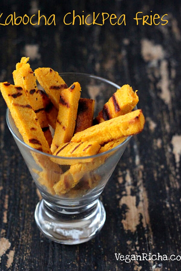 Chickpea kabocha fries. Chickpea flour fries made with a batter of chickpea flour and roasted squash + spices. Baked, fried or grilled fries! Gluten-free Vegan Recipe.ย  Makes 14-18 fries