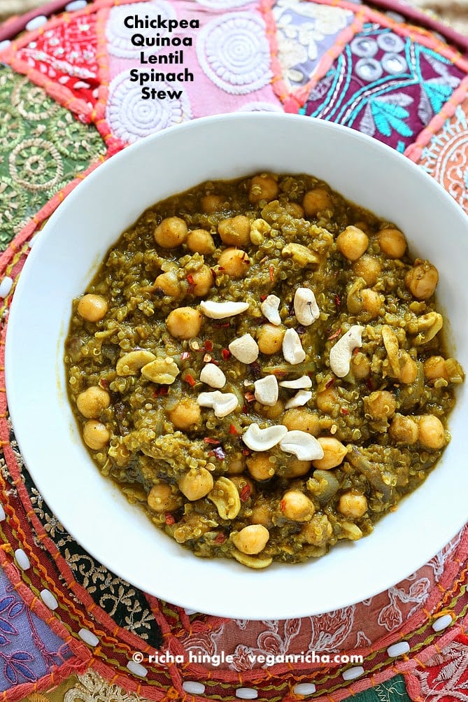Amazing 1 Pot Chickpea Lentil Quinoa Spinach Stew. 30 Minute 3 protein meal. 21 Gm of Protein Per serve! Vegan Gluten-free Soy-free, Can be nut-free. Instant Pot option #vegan #glutenfree #veganricha