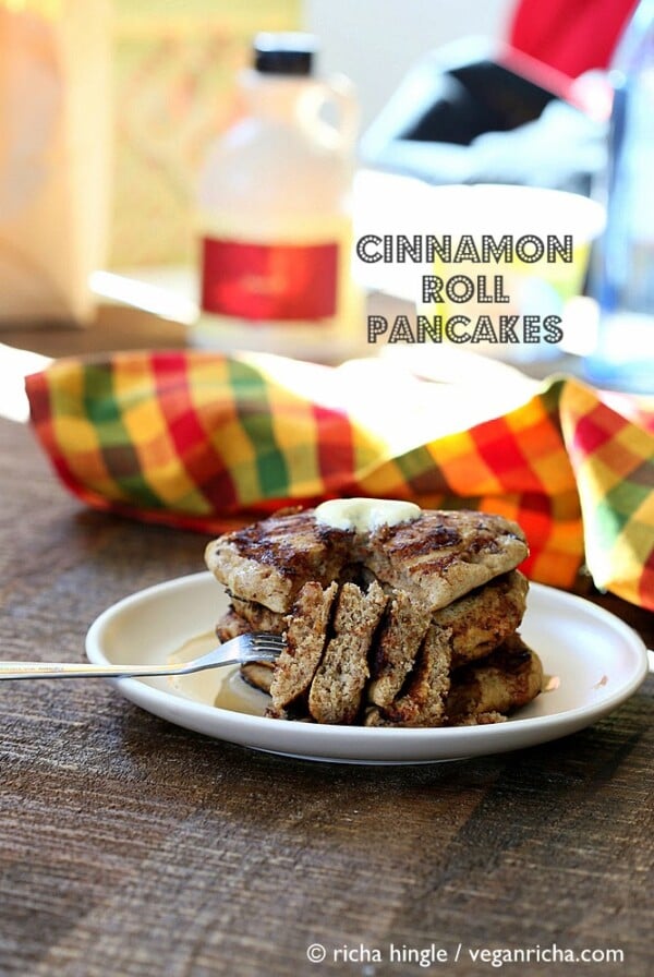 These Vegan Cinnamon Roll Pancakes use my multi-grain Pancake mix. Delicious breakfast with With swirls of cinnamon sugar. soy-free, vegan recipe