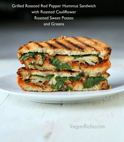 Roasted REd Pepper Hummus Sandwich with Roasted Sweet Potato and Cauliflower